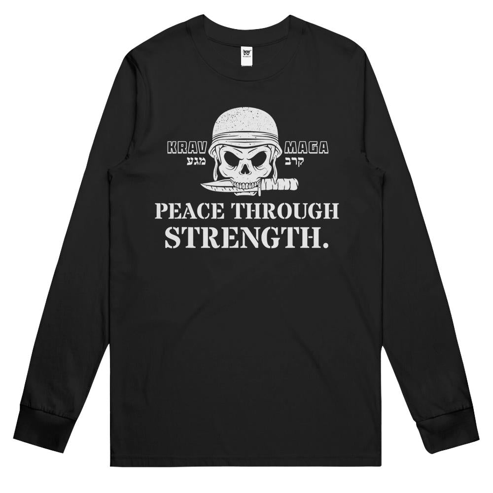 Krav Maga Hebrew Symbol Skull Army Peace Through Strength Long Sleeve T Shirts