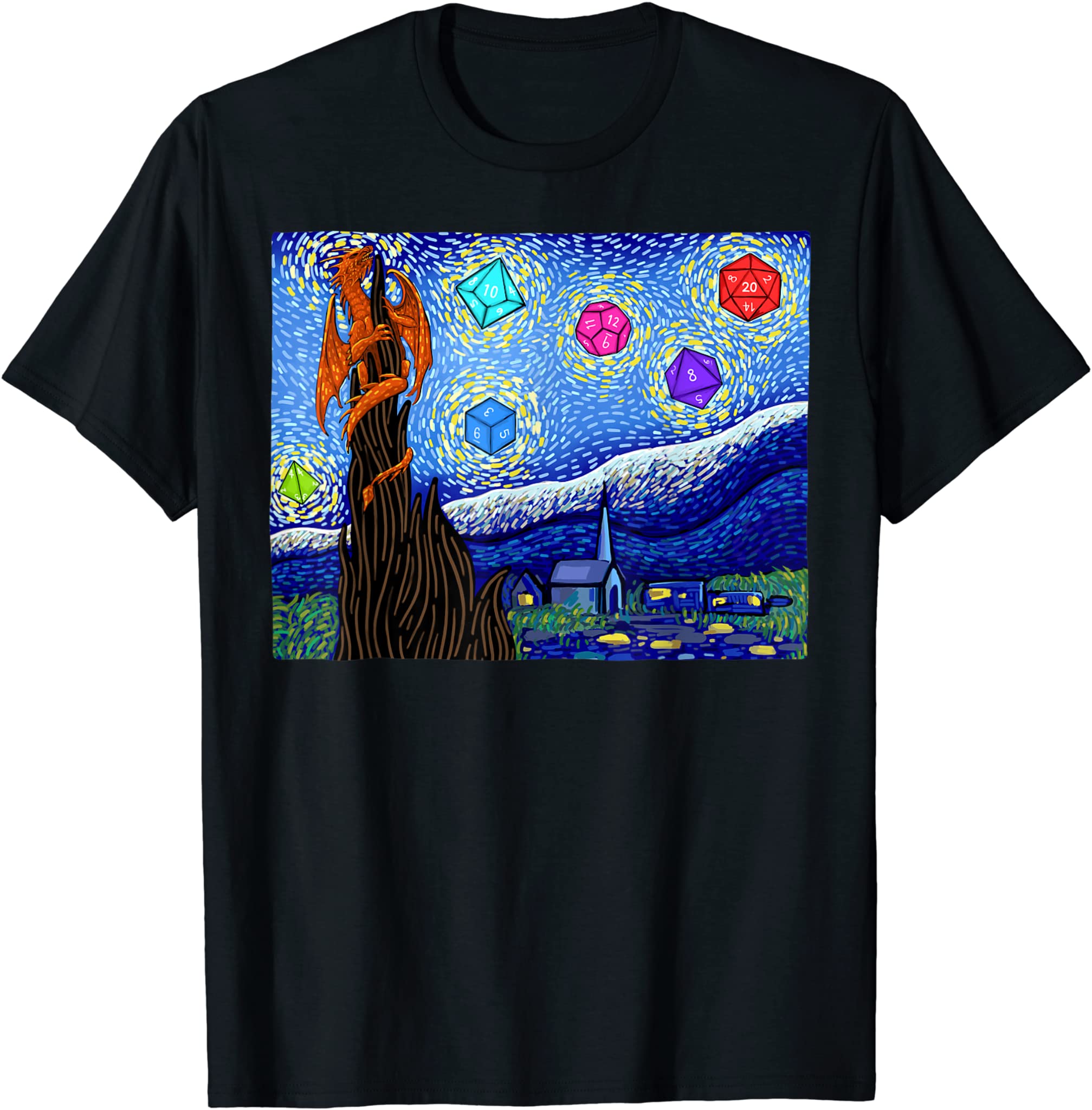 Dungeons Shirt, Van Gogh Starry Night D20 Tshirt, Dragons T- T-Shirt