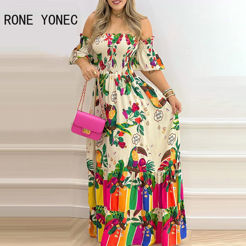 Women Chic Off Shoulder Slash Neck All Over Print Bird Pattern Short Sleeves Maxi A-line Sexy Dress alx