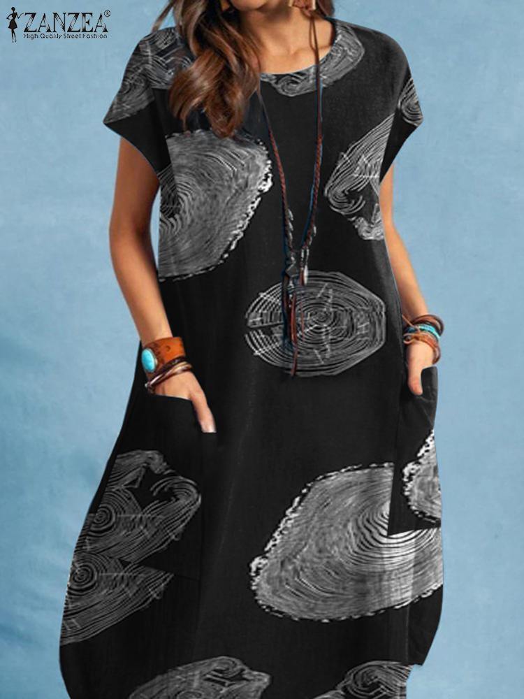 2022 ZANZEA Summer Vintage Printed Knee-length Dress Women O Neck Short Sleeve Sundress Robe Femme Casual Loose Vestidos Kaftan alx