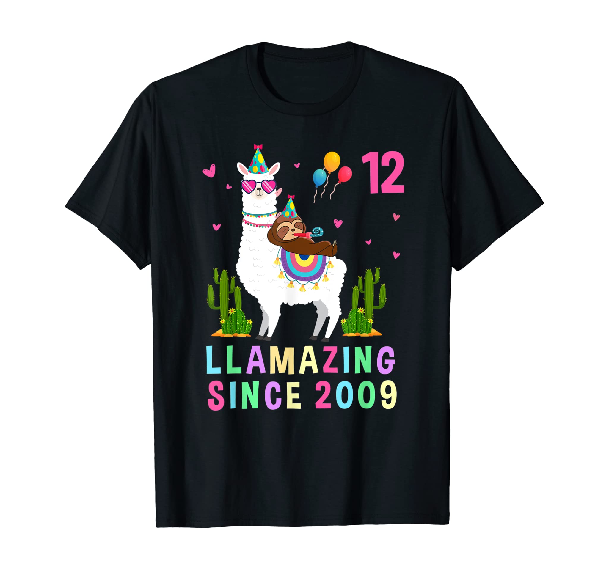 12 Years Old 12th Birthday Sloth Riding Llama Girls Kids T-Shirt