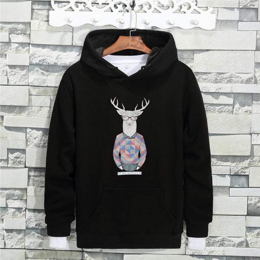 Animal deer Sir Printing Men Hoodie Black Hooded Sweatshirt Male Printed Clothing Hoodies