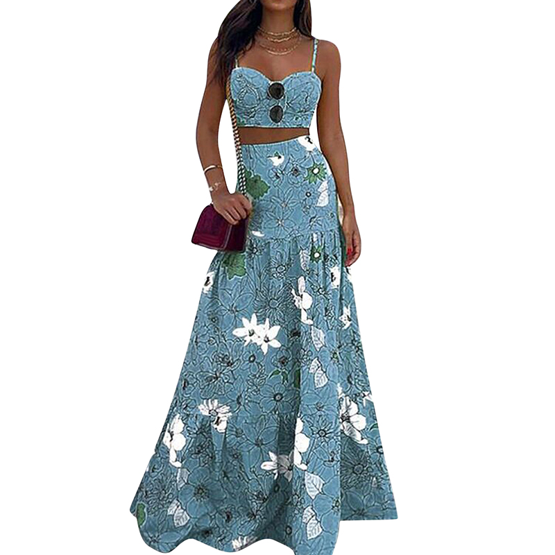 Women Set Bohemian Sling Printed Party Long Skirt + Tops Summer Elegant Casual Loose Skirt Woman Clothing 2 Pcs 2021 New alx