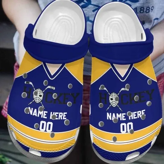 Hockey Uniform Royal Blue Yellow Personalize Clog Custom Crocss Clog Number Fashion Style Comfortable For Women Men Kid