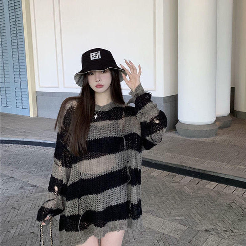 Women Drunge Style O Neck Thin Hollow Out Sweaters Striped Loose Harajuku Korean Gothic Fashion Sweater Casual Knitted Top Goth alx