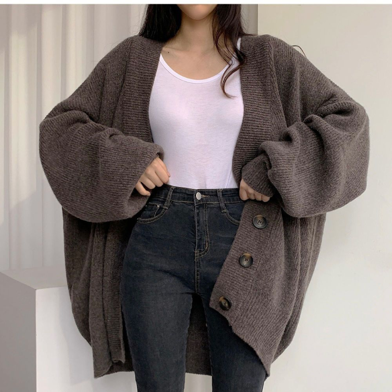 Autumn Slightly Loose Lantern Sleeve Korean Cardigan Women 2022 Winter Ins Knitted Female V -neck Buttons Sweater Long Coat alx