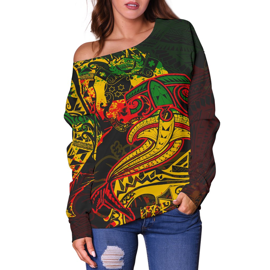 Tonga Red Shark Polynesian Tattoo Color Women’S Off Shoulder Sweater