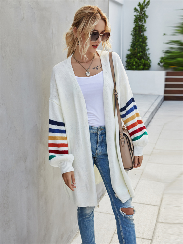 Women Knitted Cardigans Sweater Autumn Winter Loose Rainbow Stripes Fall Coats Casual Chic Long Cardigans for Women 2022 Fashion alx