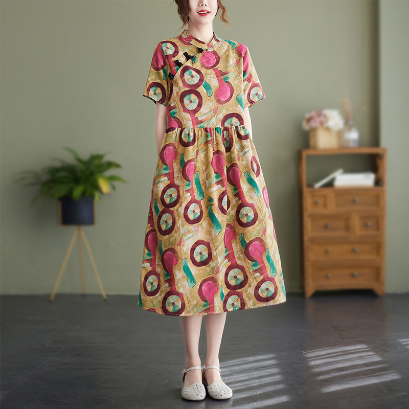 2022 New Arrival Soft Cotton Linen Print Floral Fashion Chinese Style Summer Dress Plus Size Women Casual Midi Dress alx