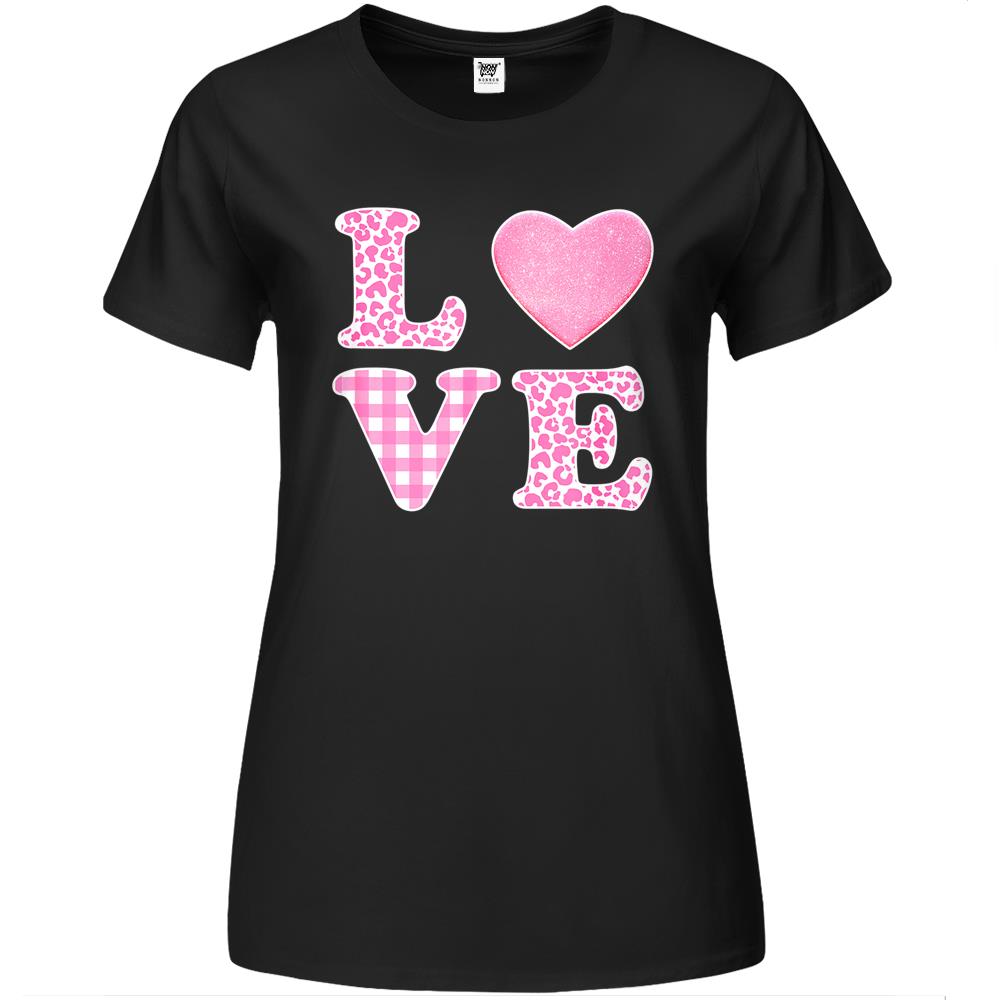 Pink Valentines Love Heart Leopard Plaid Premium Womens T Shirts