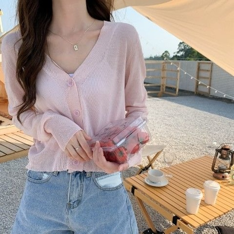 Cardigan Women Thin Summer Casual Solid Feminino Sun-proof Ulzzang All-match Knitted V-neck Sweet Style Candy Color Basic Daily alx