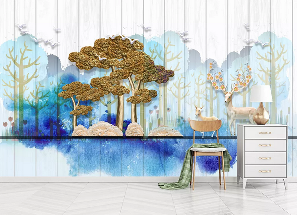 3D Watercolor Blue Forest Animal Elk Wall Mural Wallpaper Lqh 367