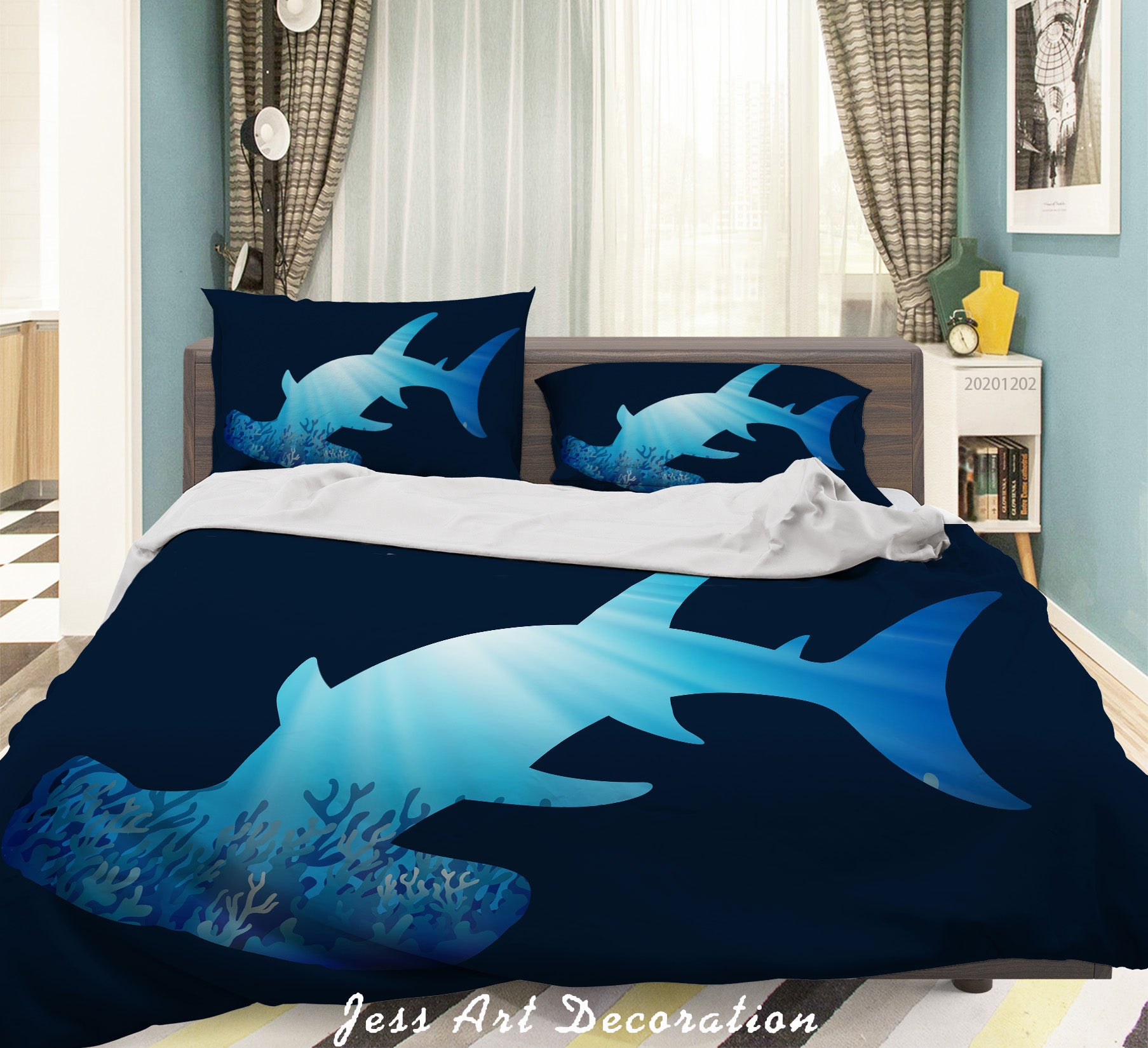 3D Hand Drawn Blue Ocean Sperm Whale Coral Shadow Quilt Cover Set Bedding Set Duvet Cover Pillowcases Lxl