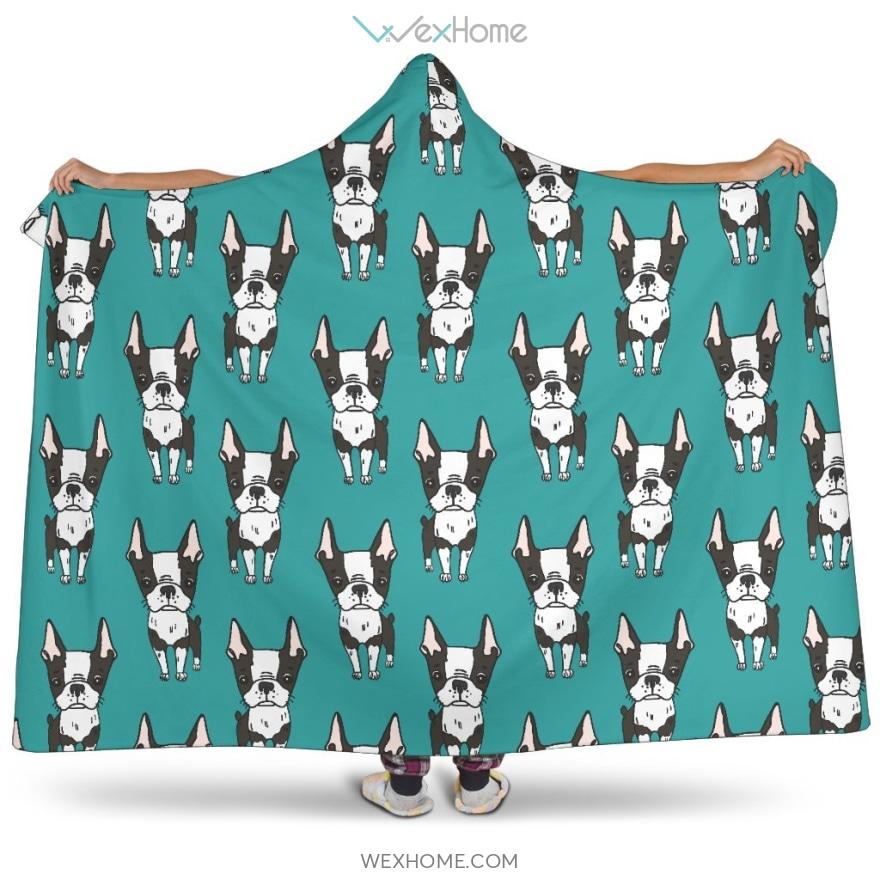 Hand Drawn Boston Terrier Dog Pattern Hooded Blanket