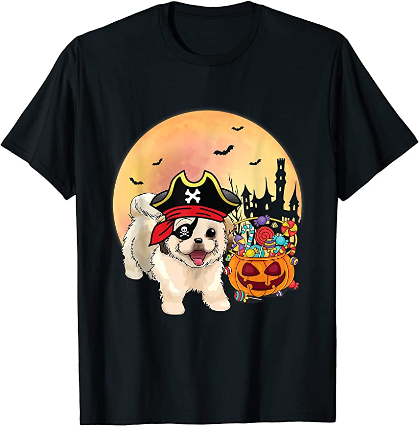 Shih Tzu Dog Pirate With Pumpkin Candy Happy Halloween Day T-Shirt