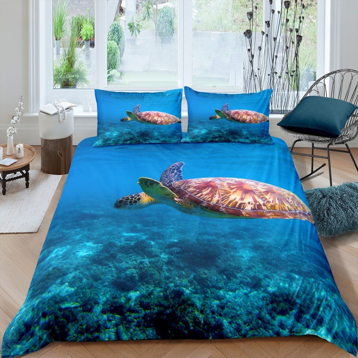 Sea Turtle Duvet Cover 3D Reptile Printed Bedding Set for Kids Women Men Adults Ocean Marine Themed Decor Comforter Cover Blue Underwater Animal Bedspread Cover 2/3pcs Zipper