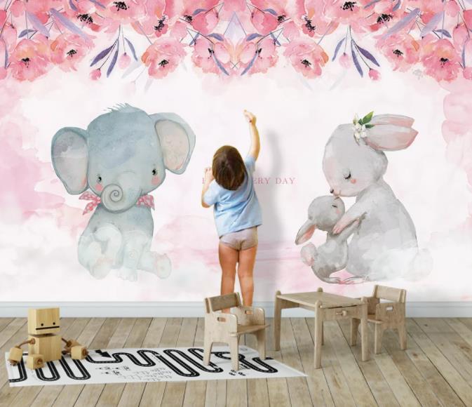 3D Color Cartoon Animals Elephant Rabbit Wall Mural Wallpape 445