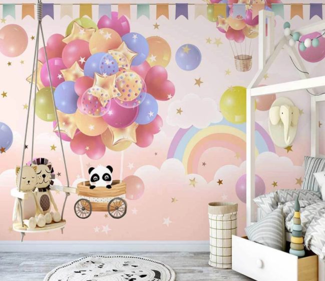 3D Cartoon Colorful Balloon Panda Animal Rainbow Pink Cloud Wall Mural Wallpaper Lxl