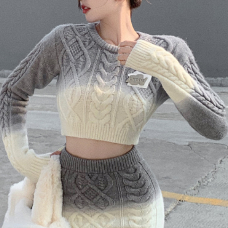 2022 Winter New Korean O-neck Gradient Color Casual Long-sleeved Sweater Women + Sexy Slim Knit Hip Skirt Two-piece Suit alx