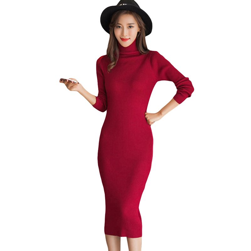 Turtleneck Sweater Dress Women Warm Knitted Dresses Black Vintage Winter Long Sleeve Dress Warm Autumn Womens Clothing LJ0863 alx