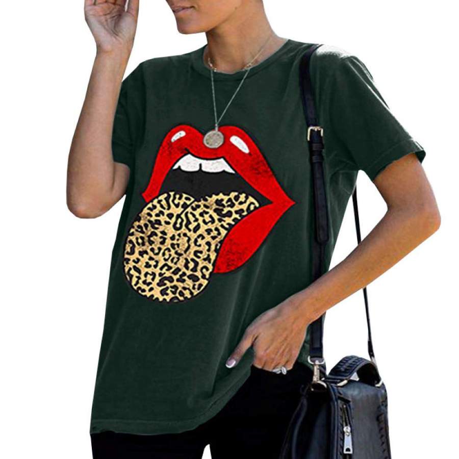 EasySmile Women Red Lip Leopard Tongue Tshirts Graphic Tee Funny Cute Trendy Casual Summer Girls Tops