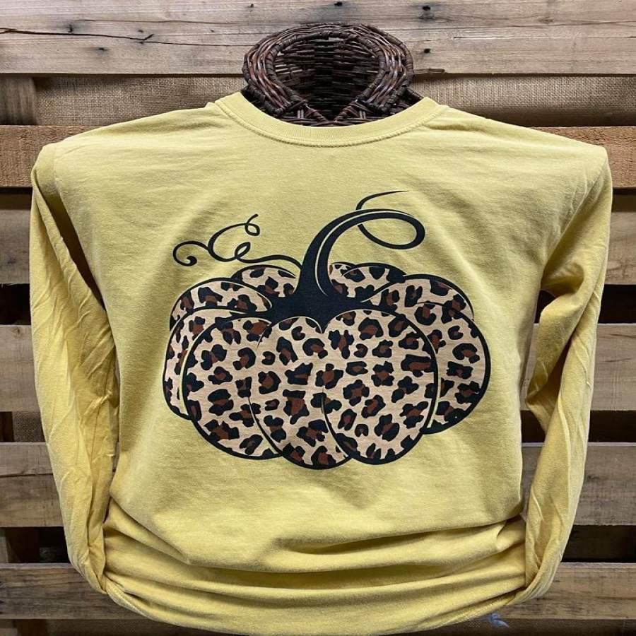 Southern Chics Apparel Leopard Pumpkin Comfort Colors Long Sleeve T Shirt