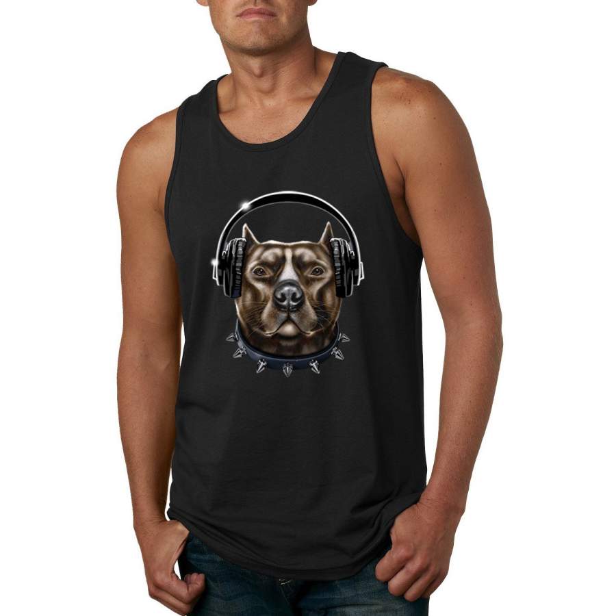 Bull Dog, Spiked Collar,  and Headphones Animal Lover Graphic Tank Top