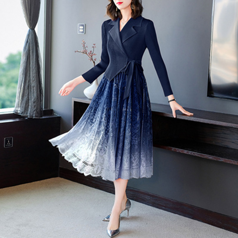 Women Long Dress 2022 Spring Summer New Light Luxury Design Suit Collar Pleated 4/5 Sleeve Office Lady Chic Fake Two Piece Dress alx