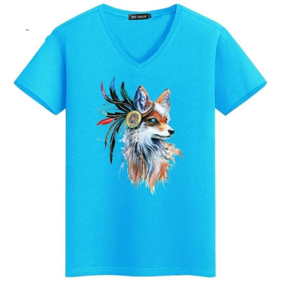 New Creative Design Colorful Feather Fox t shirts Animal Print T-Shirt Men/ Women Tops Fashion Streetwear Camiseta Feminina