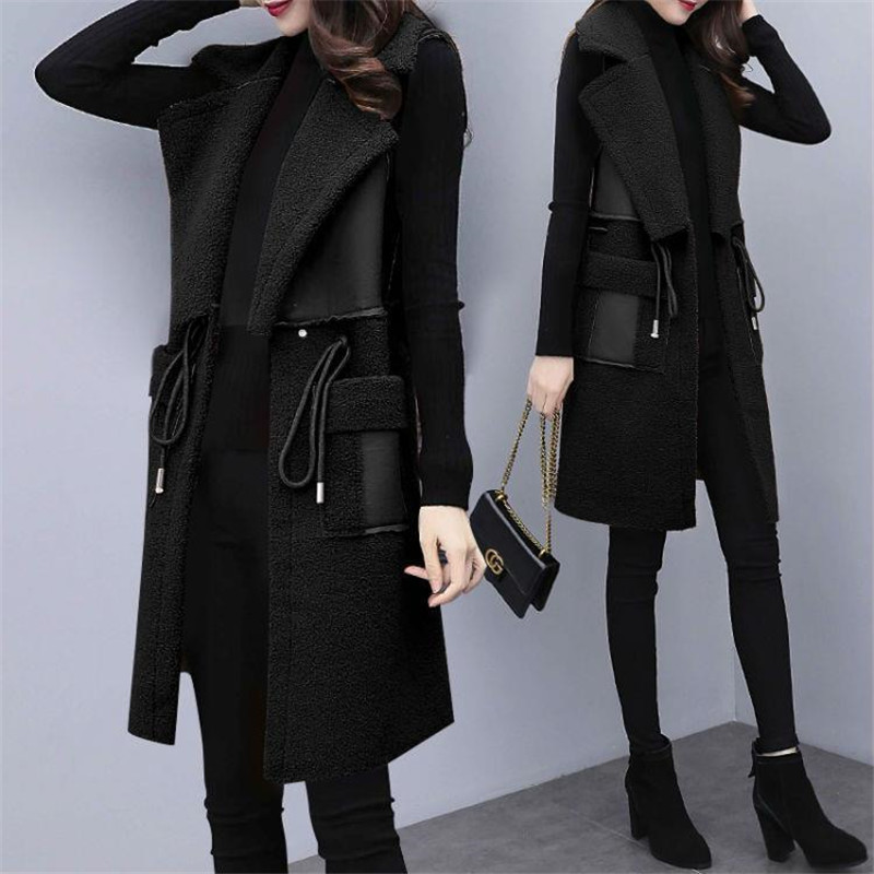 2022 Autumn Winter New Leather Vest Coat Long Lambwool Sleeveless Waistcoat Fashion Slim Female Vest Jacket 5XL W2360 alx