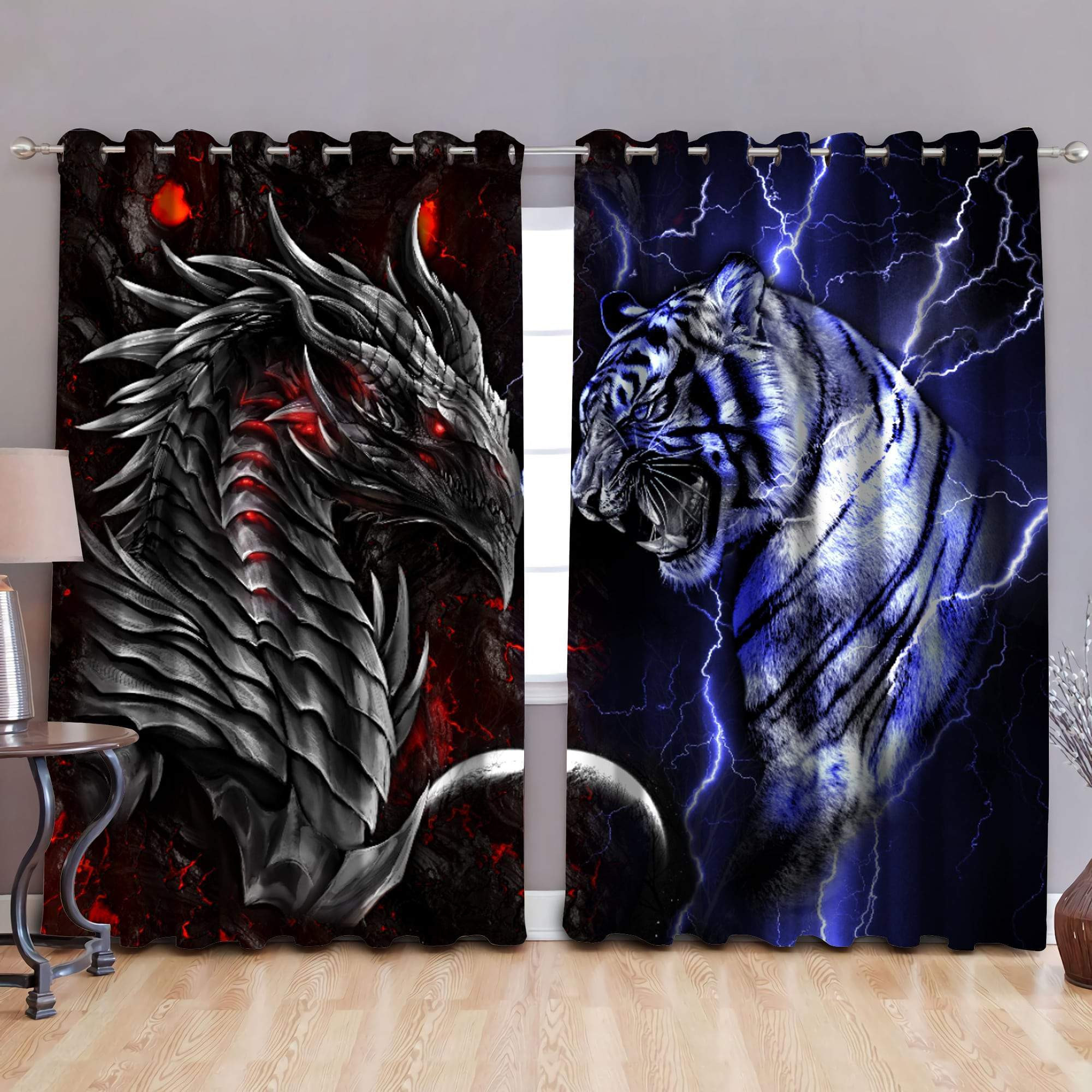 Dragon And Tiger Thermal Grommet All Over Print Window Curtains