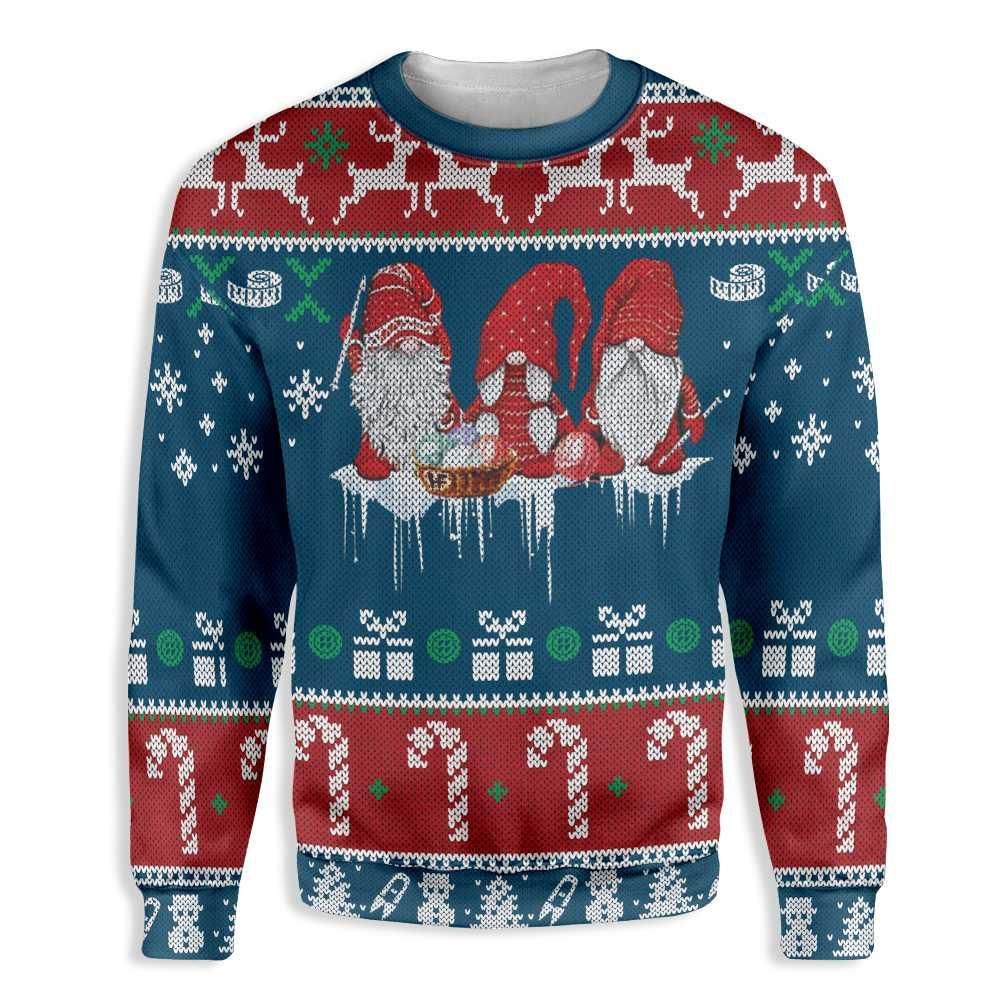 Unifinz Gnome Christmas Ugly Sweater Three Gnomes Christmas Presents Candies Pattern Blue Red Sweater 2022