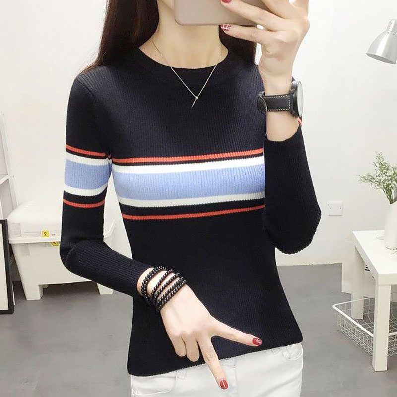 Spring Autumn O-Neck Women Striped Knit Pullover Long Sleeve Solid Korean Base Shirt Sweater alx