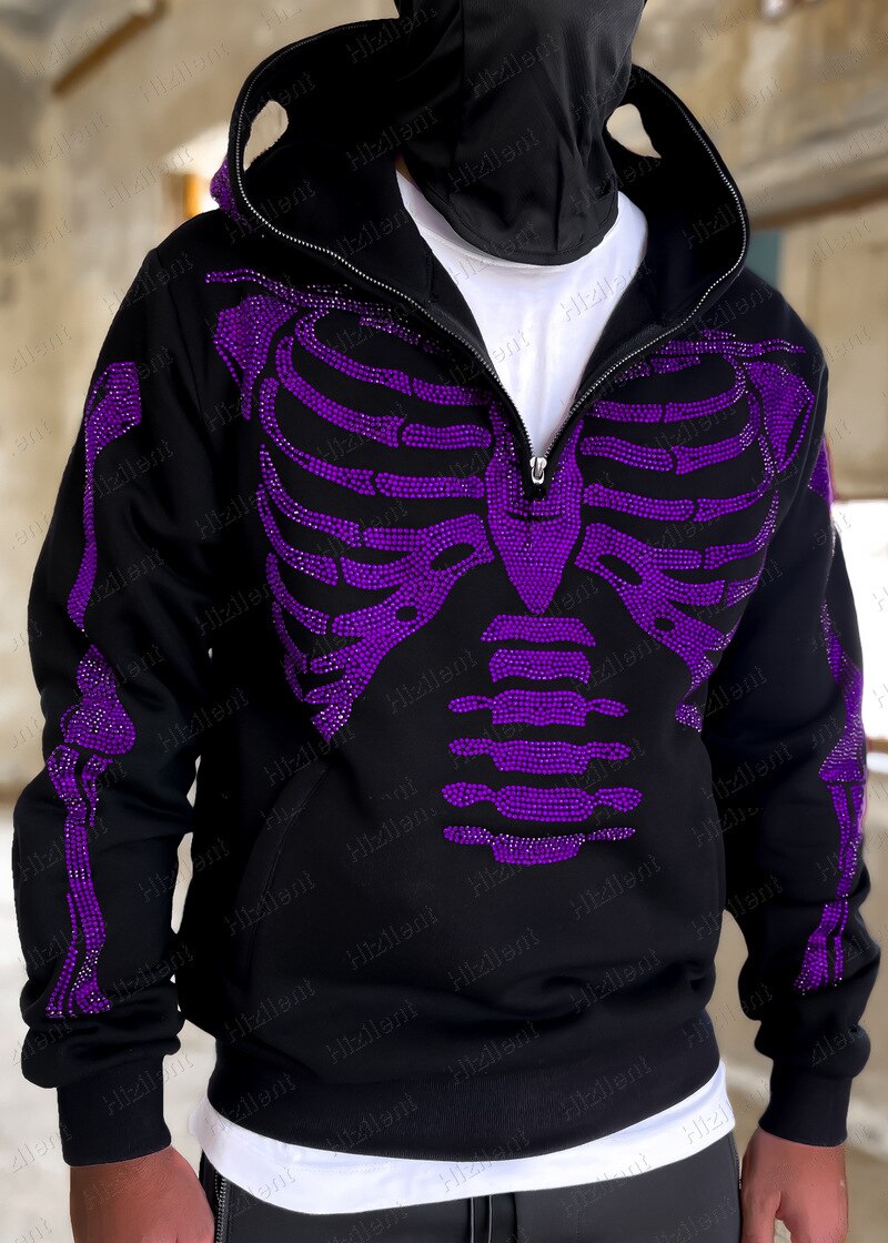 Y2K Rhinestone Skeleton Hoodies Women Gothic Black Zip Up Oversized Sweatshirts Female Retro Harajuku Hooded Jacket Streetwear alx