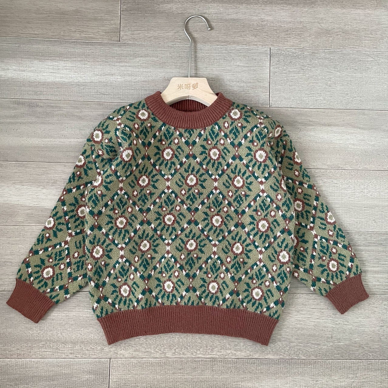 Children’s Vintager Sweater 2022 Korean Autumn Boy’s Sweater Girl’s Retro Jacquard Knitted Sweaters Unisex Pullovers Floral Tops alx