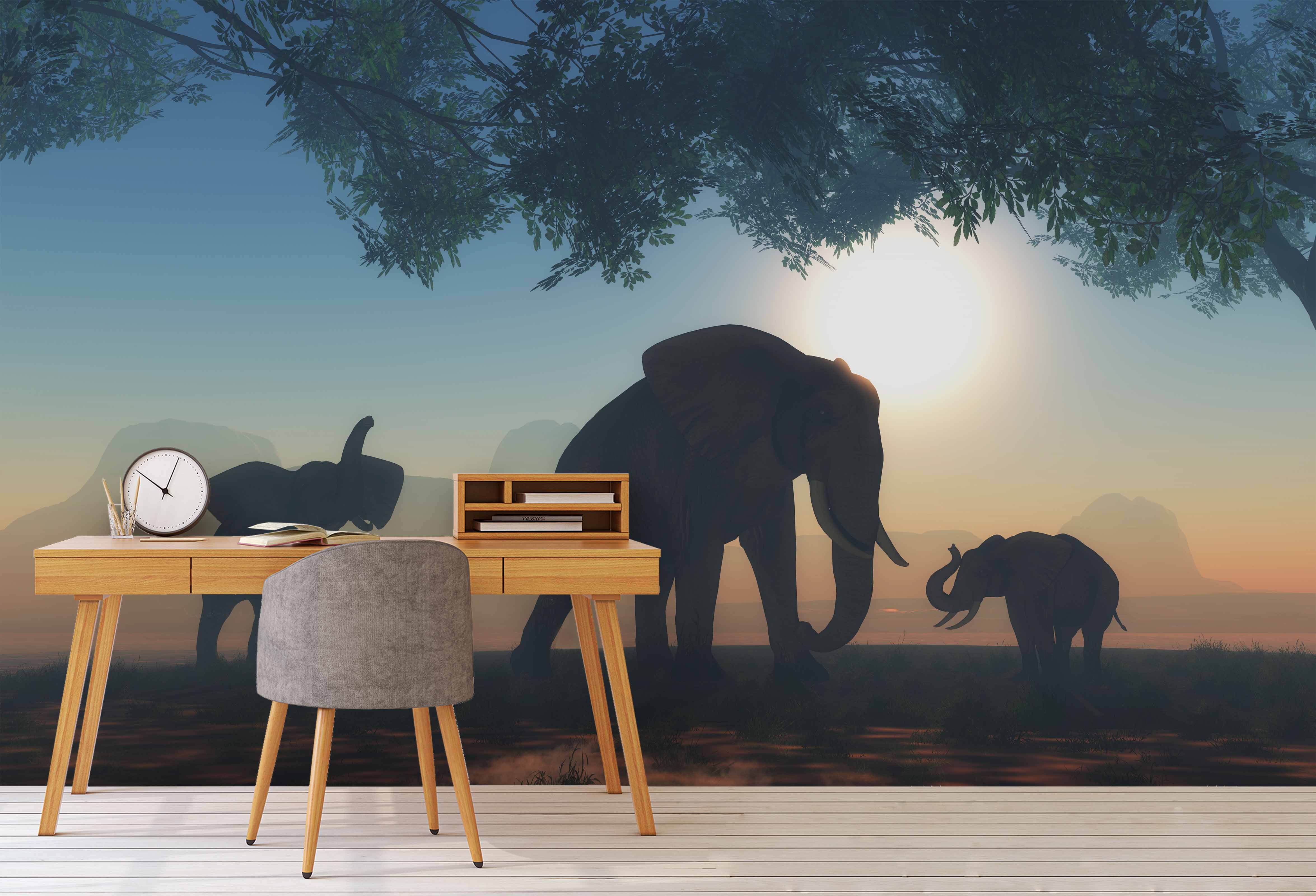 3D Sunset Elephant Tree Wall Mural Wallpaper A053 Lqh