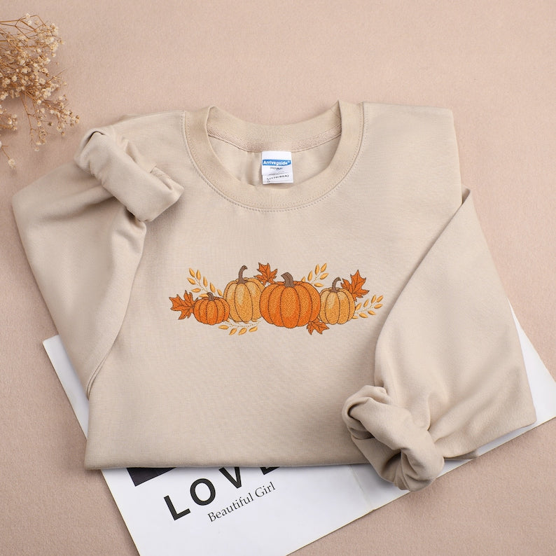 Leaves And Pumpkin Embroidered Sweatshirt 2D Crewneck Sweatshirt All Over Print Sweatshirt For Women Sweatshirt For Men Sws3206