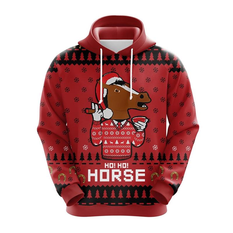 SOSHIRL Ho Ho Horse Christmas Cute Hoodies Lucky Horse Hooded Sweatshirt Harajuku Winter Pullovers Kawaii Hip Hop Streetwear alx