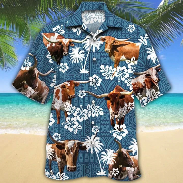 Tx Longhorn Cattle Lovers Blue Tribal Hawaii Cow Hawaii Shirts For Women Ha26500