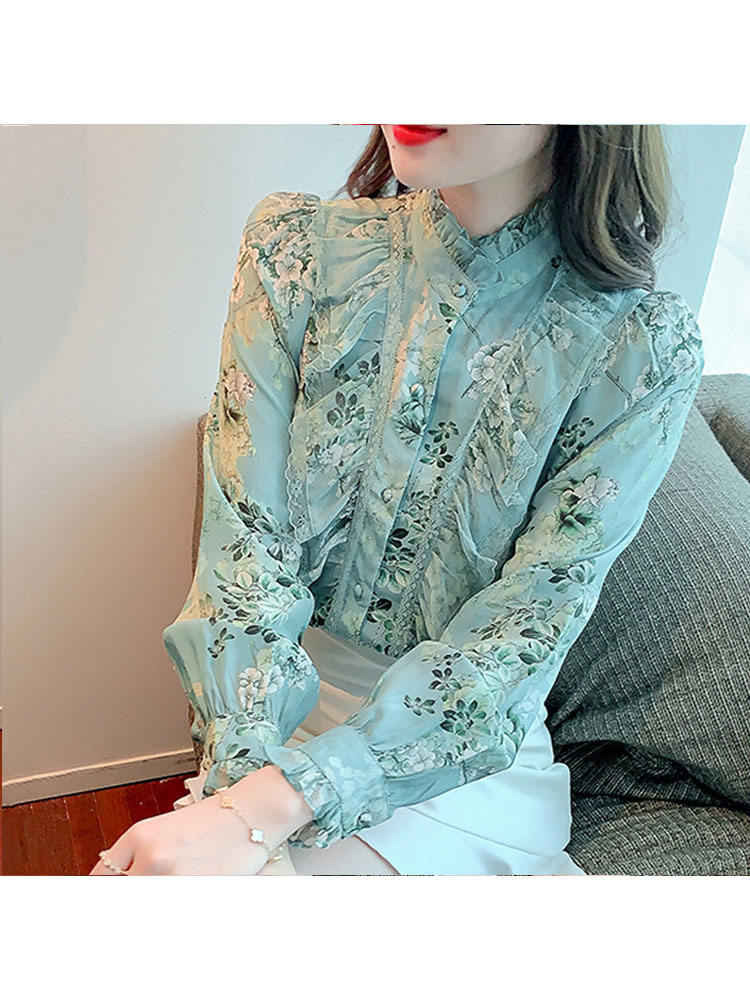 Spring Floral Printed Blouse Women 2022 Fashion Long Sleeve Ruffle Stitching Shirts Stand Collar Vintage Flower Blouse Top 18757 alx