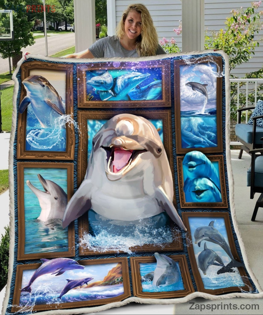 Happy Laughing Dolphin Fleece Blanket- Lovely Dolphin And The Ocean Fleece Blanket