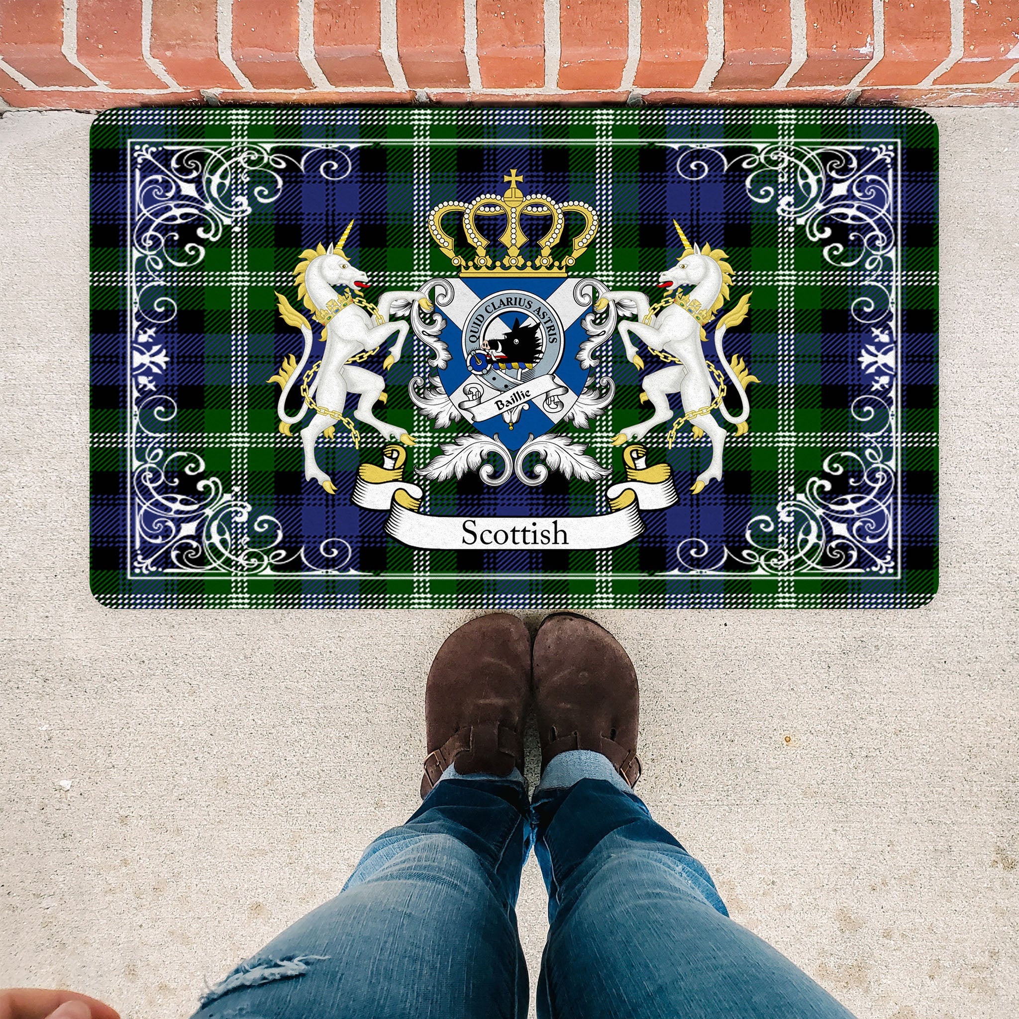 Scotstee Shop Tartan Door Mat Baillie Clan Badge Tartan Scottish Plaid Doormat, Christmas Door Mat