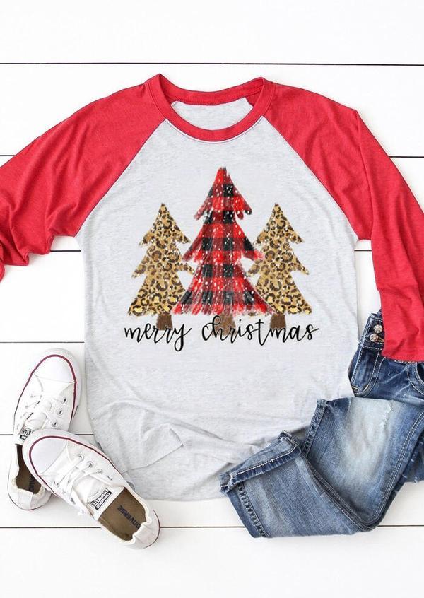 Plaid Leopard Printed Merry Christmas Trees T-Shirt Tee – Light Grey