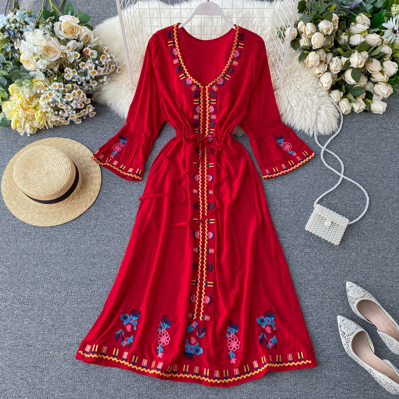 Summer Bohemian Women Vintage Embroidery Dress 2021 V Neck Flare Sleeve Holiday Beach Maxi Long Dresses Casual Loose Vestidos alx