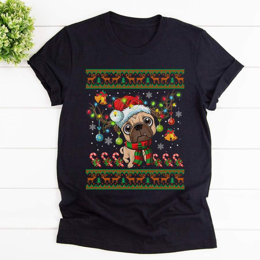 Pug dog christmas colorful lights wearing santa hat candy cane black cotton t shirt for men and women S-6XL