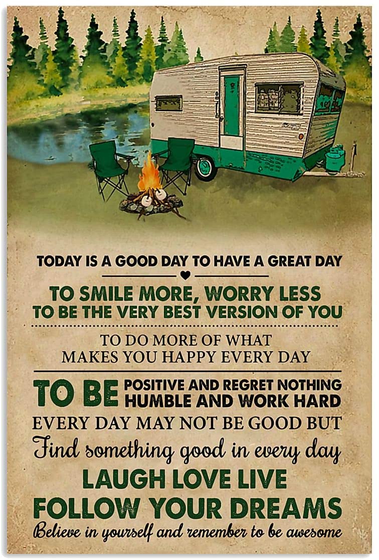 Vintage Camping- Good Day Laugh Love Live Follow Your Dreams Believe In Yourself Poster Art Print      Home Decor Gift For Family Friend On Birthday