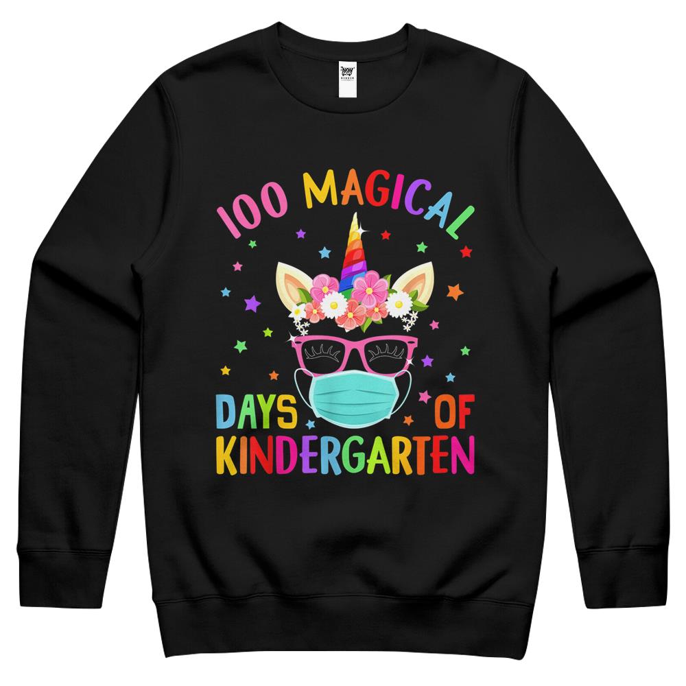 100 Magical Days Of Kindergarten School Unicorn Mask Girl Crewneck Sweatshirt