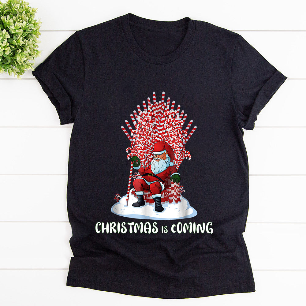 Christmas Santa Candy Cane Christmas Is Coming Throne Graphic Unisex T Shirt, Sweatshirt, Hoodie Size S – 5XL