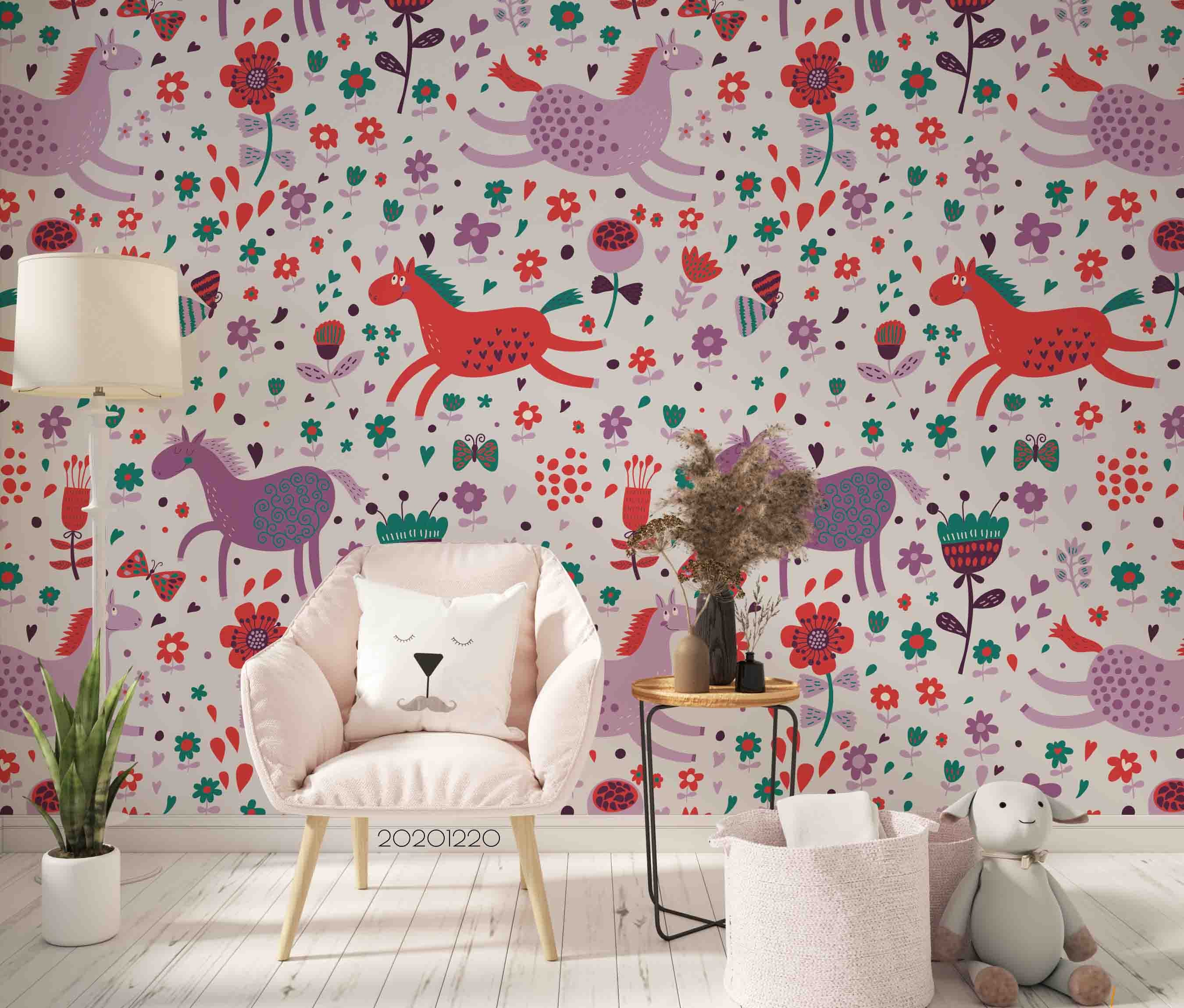 3D Hand Drawn Animal Unicorn Floral Wall Mural Wallpaper Lqh 105