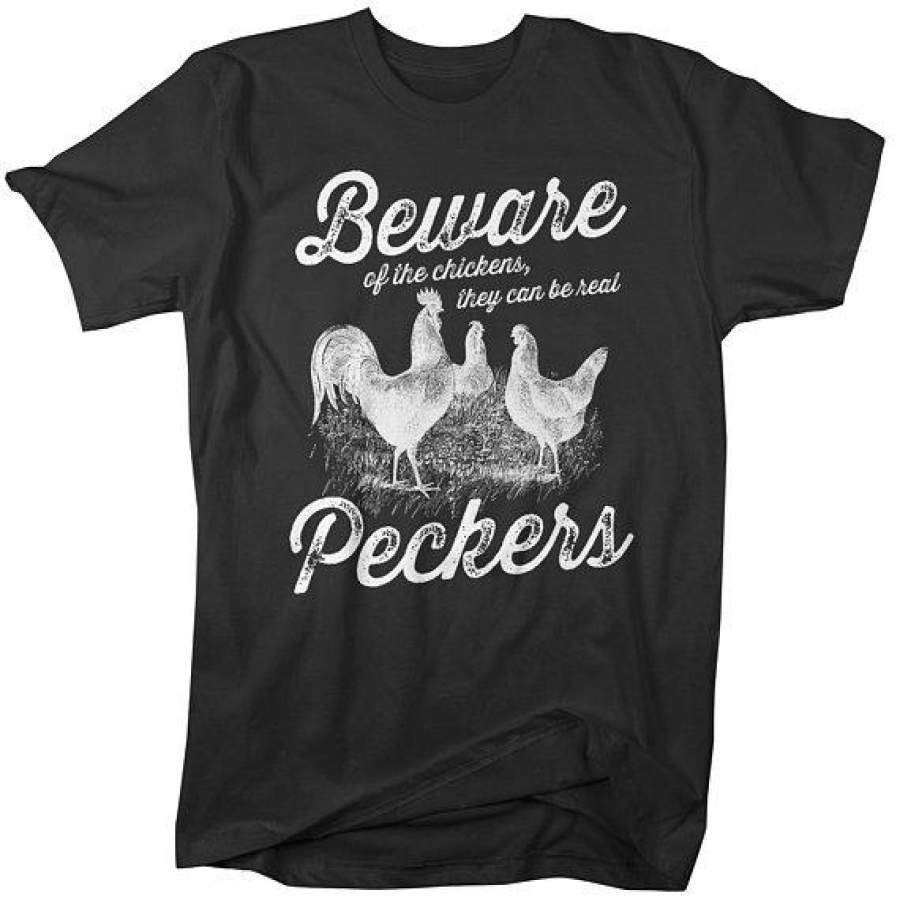 Men’s Funny Vintage Chicken T-Shirt Beware Chickens Peckers Shirt Farming Tee